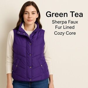 Green Tea Women's Sz M Purple Puffer Vest Pockets Sherpa Lined Cozy Fall/Winter
